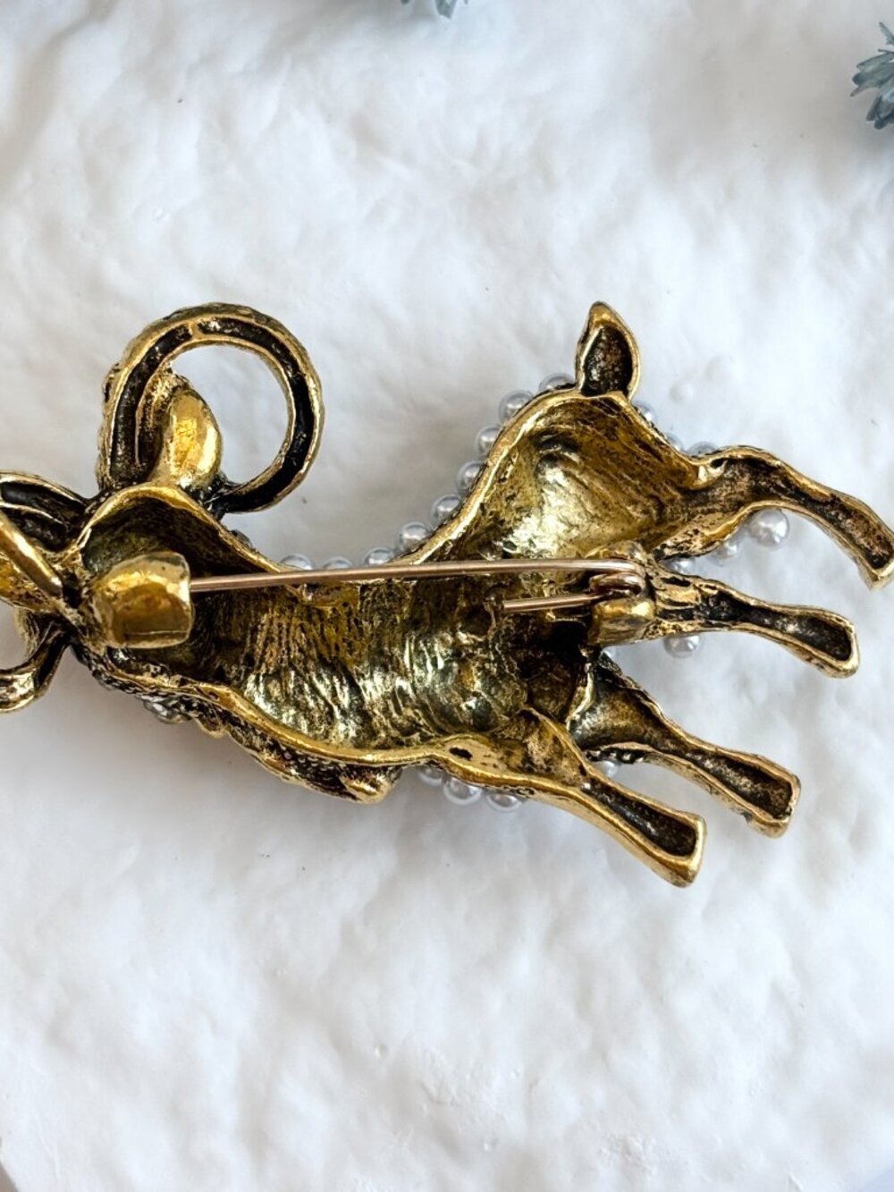 Goat Figural Gold Toned Pearl Accented Vintage Style Textured Brooch Pin - Picture 9 of 15